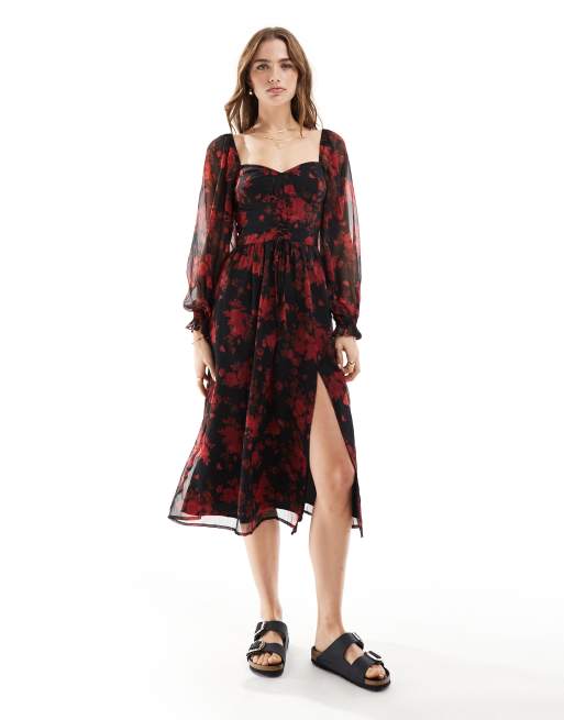 Miss Selfridge - Vestito midi allacciato in vita a corsetto con stampa a fiori rossi