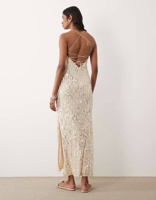 Miss Selfridge - Vestito midi color avorio decorato con perle e paillettes