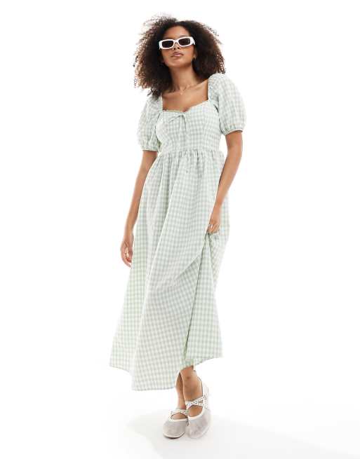 Miss Selfridge - Vestito midi color matcha a quadretti allacciato sul davanti