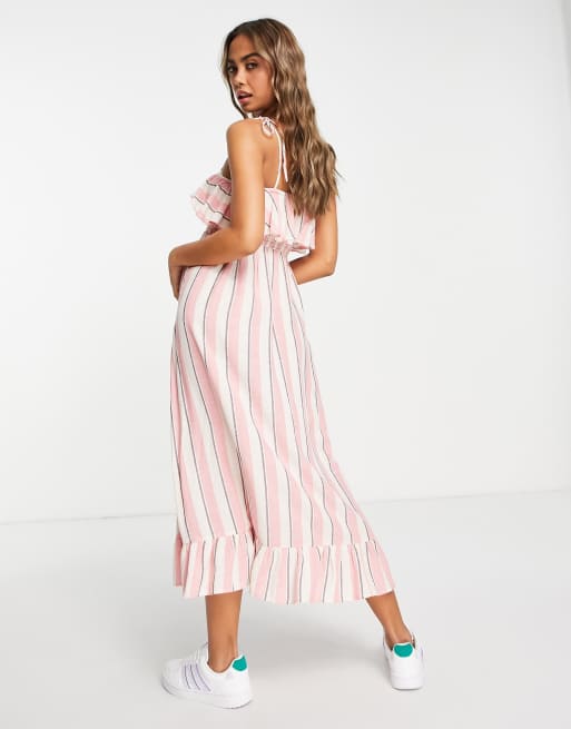 Miss Selfridge - Vestito midi con spalline sottili e volant a righe color caramella, 3 di 4