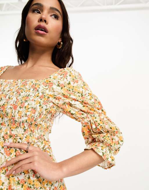 Miss Selfridge - Vestito midi in cotone e lino arricciato arancione a fiori, 3 di 4