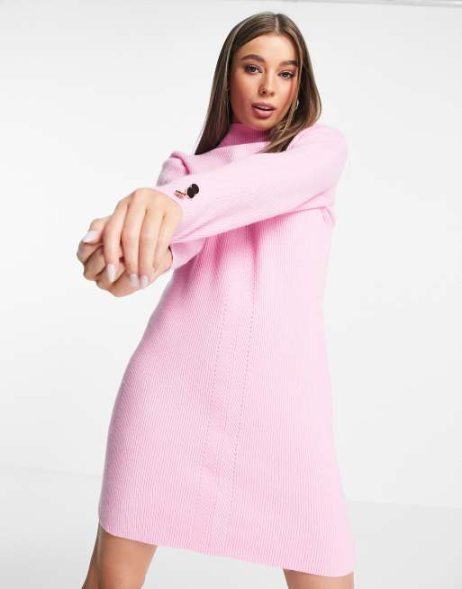 Miss Selfridge - Vestito midi in maglia con scollo a imbuto e allacciato in vita, colore rosa 