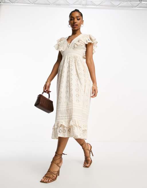 Miss Selfridge - Vestito midi in pizzo sangallo crema con volant