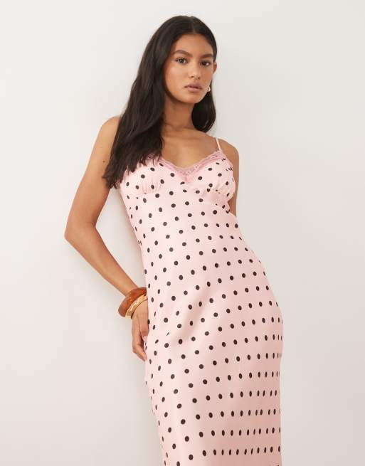 Miss Selfridge - Vestito midi in raso e pizzo a pois rosa, 2 di 4