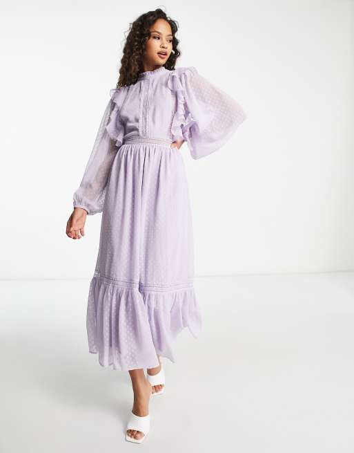 Miss Selfridge - Vestito midi lilla in chiffon con inserto in pizzo