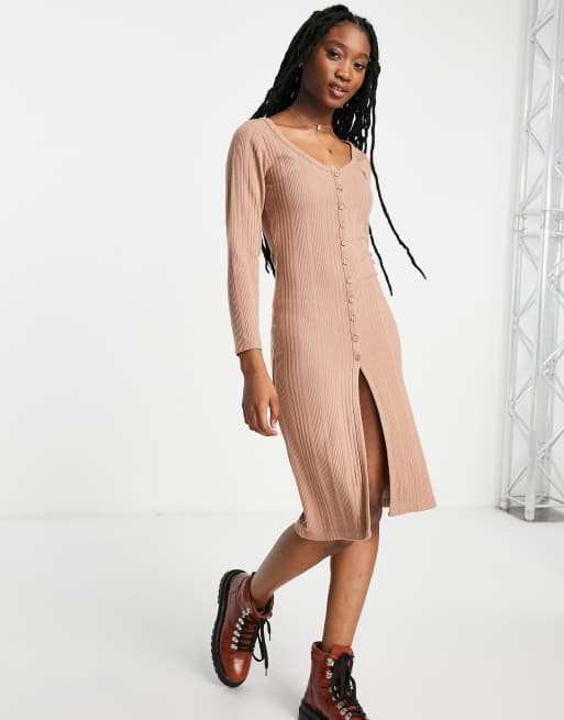 Miss Selfridge - Vestito midi stile cardigan a maniche lunghe color moka con bottoni