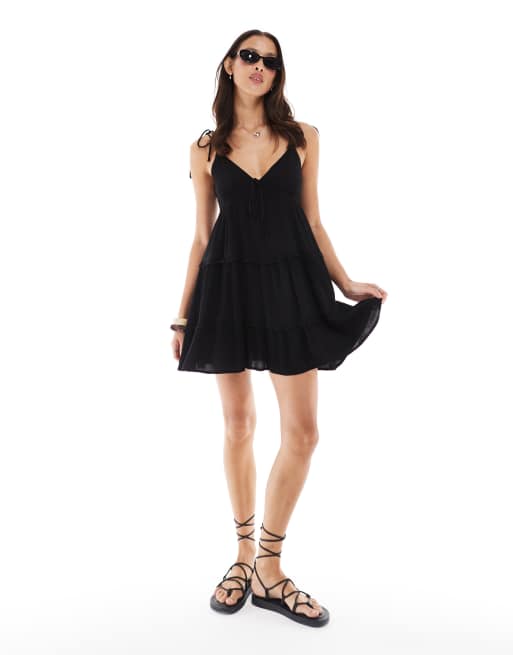 Miss Selfridge - Vestito sottoveste corto nero in mussola a balze, 3 di 4