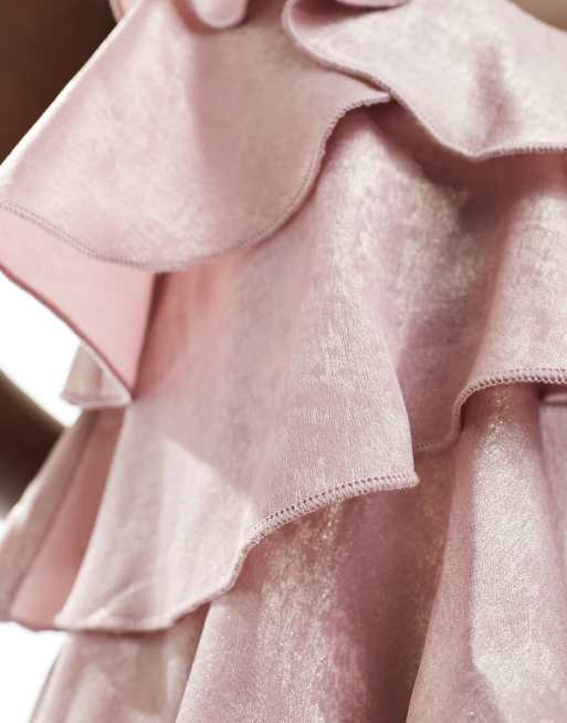 Miss Selfridge - Vestito sottoveste corto rosa metallizzato a balze con volant, 3 di 4