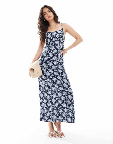 Miss Selfridge - Vestito sottoveste lungo con scollo rotondo e spalline sottili blu con fiocchetti - view 1
