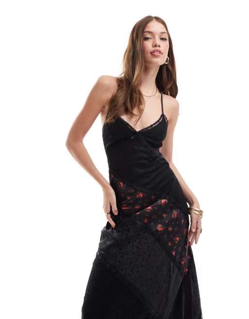 Miss Selfridge - Vestito sottoveste lungo in misto raso e pizzo jacquard con stampa di rose, 4 di 4