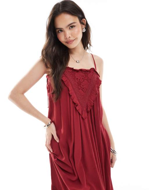 Miss Selfridge - Vestito sottoveste lungo rosso con dettaglio in pizzo, 2 di 4