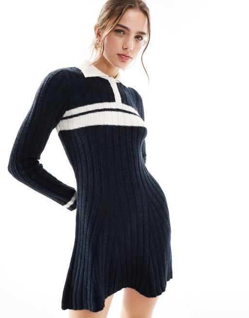 Miss Selfridge - Vestito stile polo blu navy con dettagli a righe