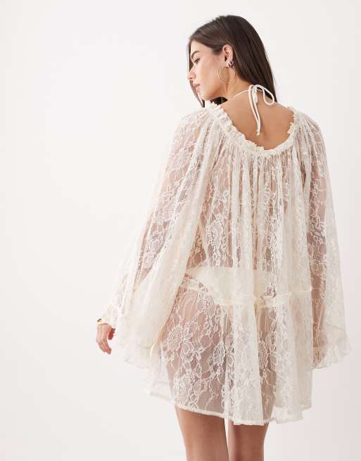 Miss Selfridge - Vêtement de plage bohème en dentelle à manches amples - Naturel, 2 de 4
