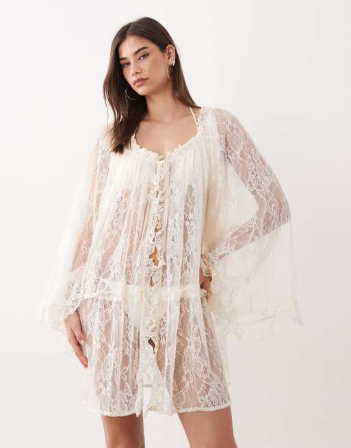 Miss Selfridge - Vêtement de plage bohème en dentelle à manches amples - Naturel, 4 de 4