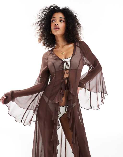 Miss Selfridge - Vêtement de plage long style kimono en mousseline - Chocolat, 2 de 4