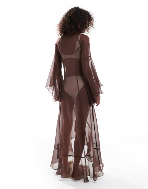 Miss Selfridge - Vêtement de plage long style kimono en mousseline - Chocolat, 3 de 4