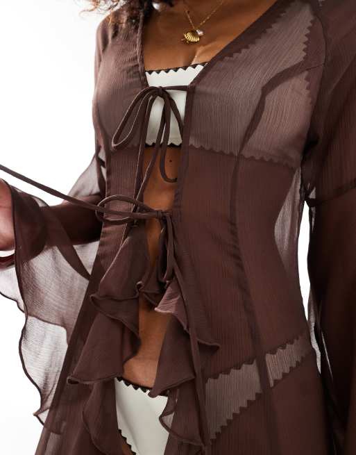 Miss Selfridge - Vêtement de plage long style kimono en mousseline - Chocolat, 4 de 4