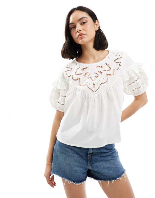 Miss Selfridge - Victoriana - Blusa in popeline sangallo bianca