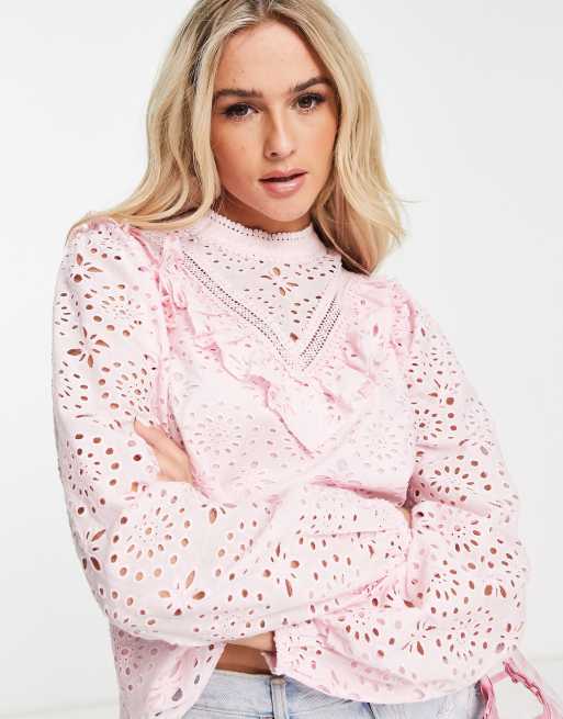 Miss Selfridge Victoriana Bluse In Rosa Mit Lochstickerei Asos