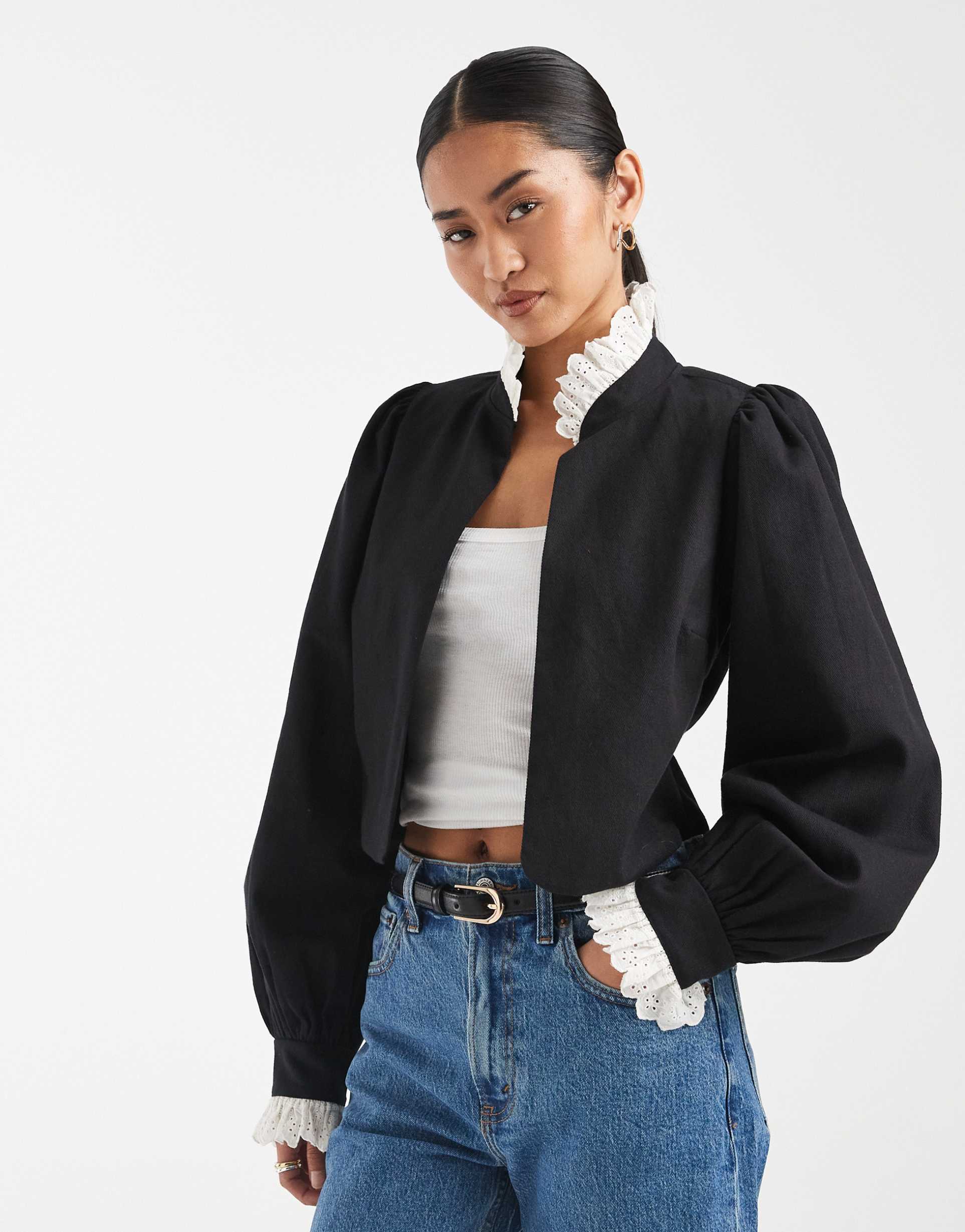 miss selfridge victoriana contrast broderie frill jacket in black