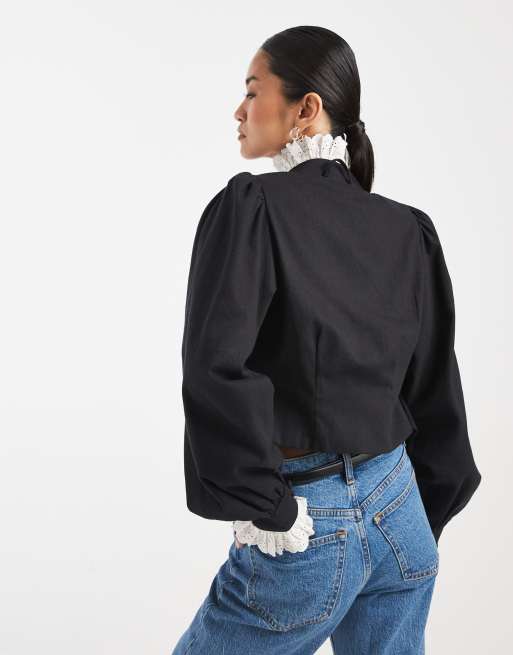 Miss Selfridge victoriana contrast broderie frill jacket in black, 3 of 4