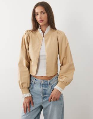 Miss Selfridge Victoriana Contrast Eyelet Frill Jacket In Brown