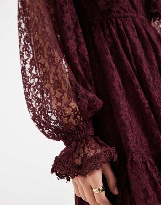 Miss Selfridge – Victoriana – Fikonfärgad, utsvängd klänning i spets, 2 av 4