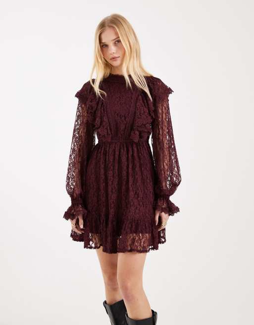 Miss Selfridge – Victoriana – Fikonfärgad, utsvängd klänning i spets, 3 av 4