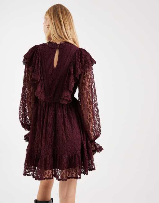 Miss Selfridge – Victoriana – Fikonfärgad, utsvängd klänning i spets, 4 av 4