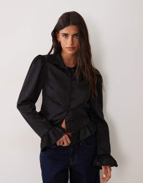 Miss Selfridge Victoriana satin blouse in black - view 1