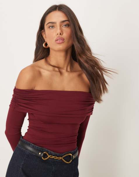 Miss Selfridge – Vinröd body med bardot-ringning och långa ärmar - view 1