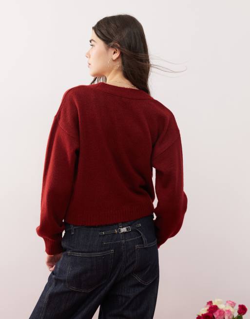 Miss Selfridge – Vinröd kofta med boxig passform och dekorativ söm, 4 av 4