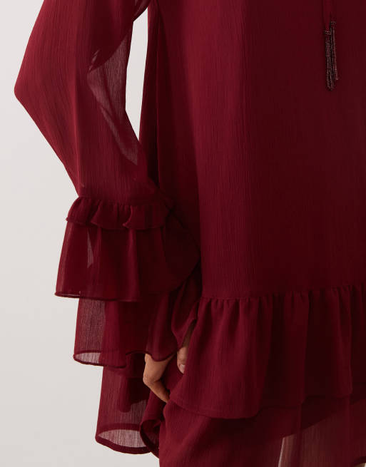 Miss Selfridge – Vinröd miniklänning i chiffong med volang, 3 av 4