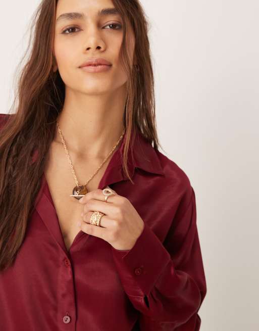 Miss Selfridge – Vinröd skjorta i oversize och satin med knäppning, 4 av 4