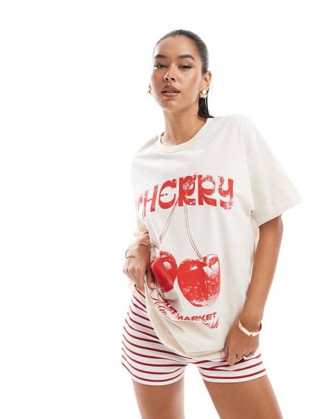 Miss Selfridge vintage cherry graphic oversized back print tee in white - view 1