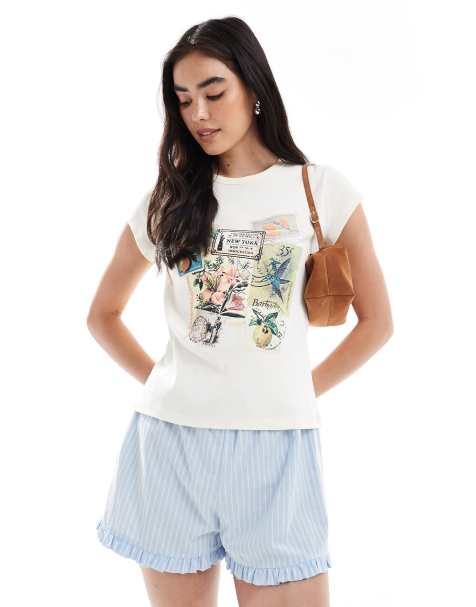 Miss Selfridge vintage postcard graphic baby tee in white - view 1