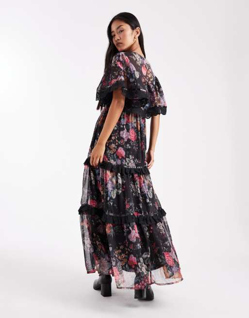 Miss Selfridge – Vintageblommig, panelsydd maxiklänning i chiffong, 2 av 4