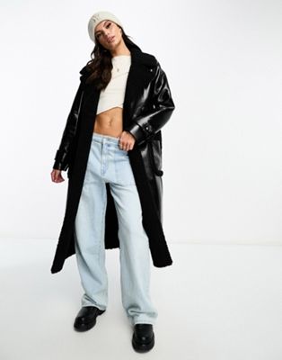 Miss Selfridge vinyl borg belted maxi coat in black - ASOS Price Checker