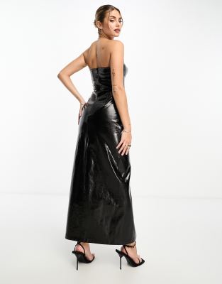 Miss Selfridge vinyl faux leather bandeau maxi dress in black | ASOS