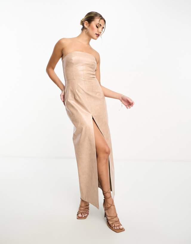 Miss Selfridge - vinyl faux leather bandeau maxi dress in taupe