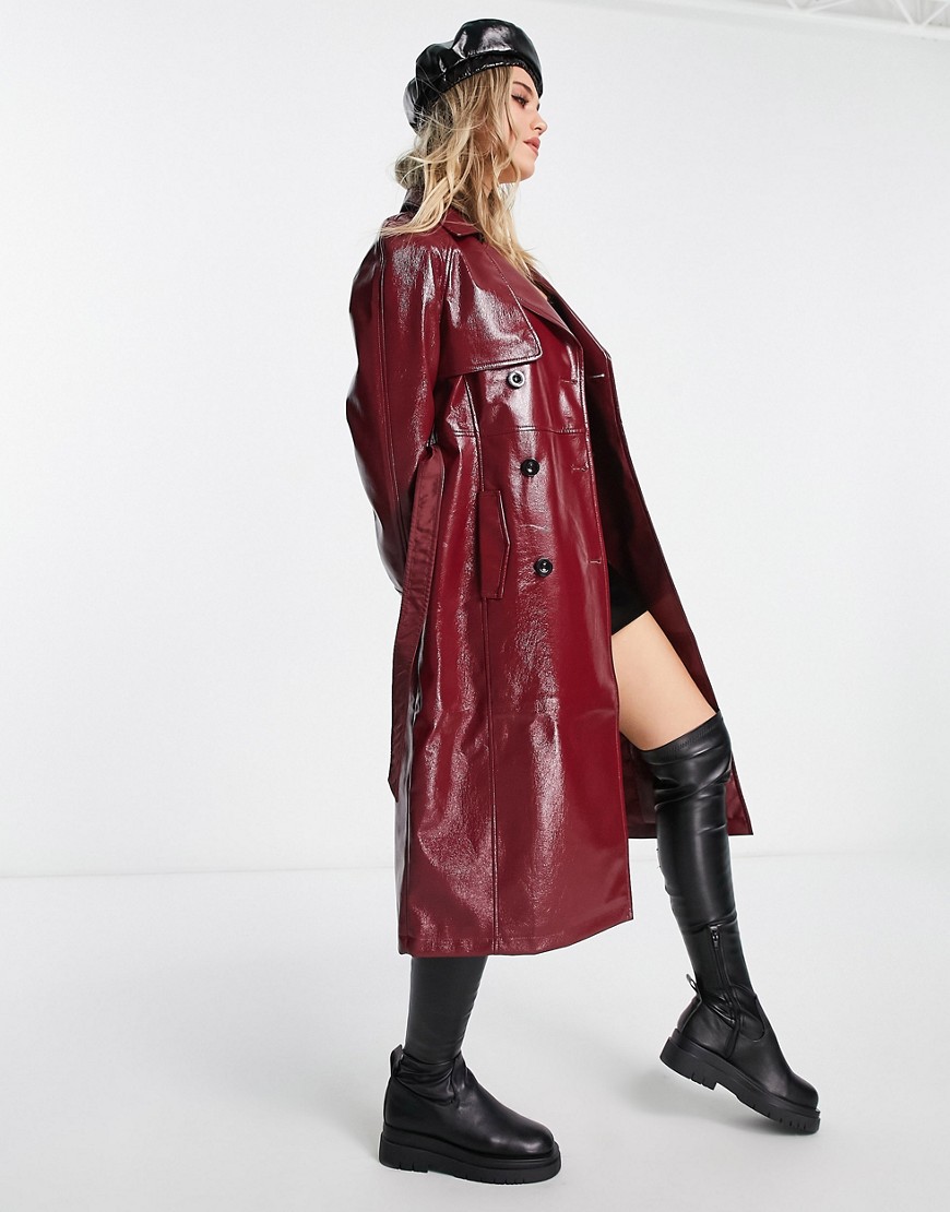 Miss Selfridge Vinyl Faux Leather Belted Trench Coat In Burgundy-Red