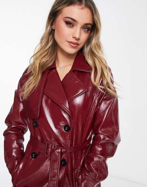 Miss Selfridge Vinyl Faux Leather Trench Coat in Bright Red