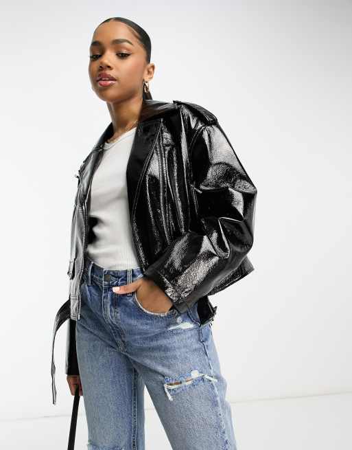 Miss Selfridge vinyl faux leather biker jacket in black | ASOS