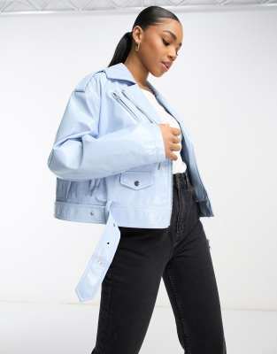 Miss Selfridge vinyl faux leather biker jacket in pale blue