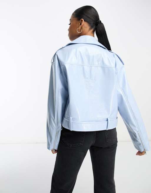 Powder blue leather on sale jacket