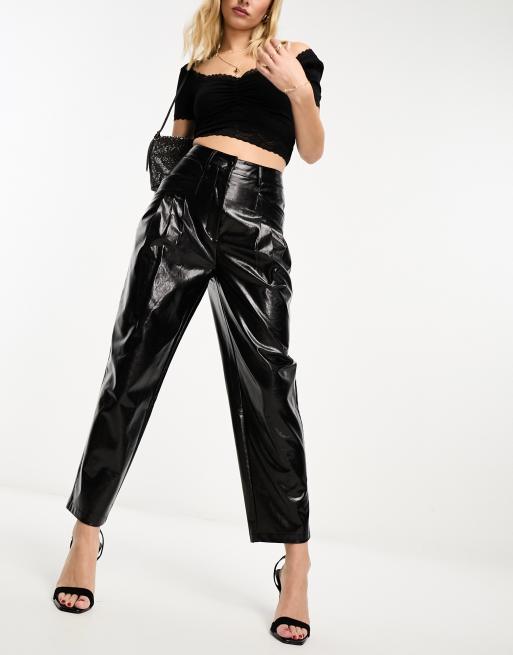 Miss Selfridge vinyl faux leather peg trouser in black | ASOS