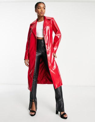 Miss Selfridge Vinyl Faux Leather Trench Coat In Bright Red