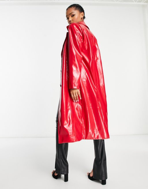 Miss Selfridge vinyl faux leather trench coat in bright red | ASOS