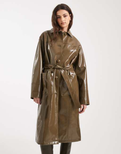 Miss Selfridge vinyl faux leather trench in khaki, 2 of 4