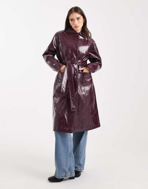 Miss Selfridge vinyl faux leather trench in plum - view 1